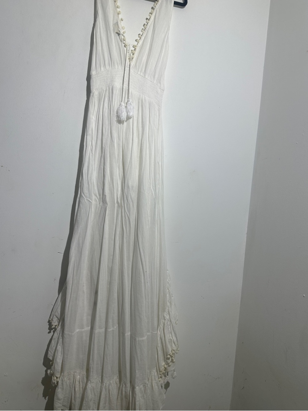 Bohemian Ivory Pom-Pom Maxi Dress with Deep V